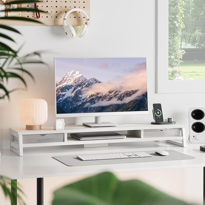 Fenge Dual Monitor Stand Riser, 42.5in Desk Shelf with 2 Drawers, White | 2-Tier Monitor Shelf for Desk, Storage Drawer with Stopper, Frosted, fit Home Office, Ultrawide Screen, PC, Laptop, TV