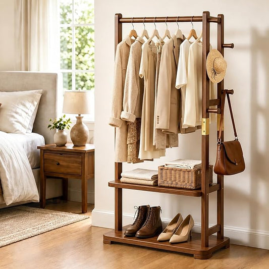 Taitiy Coat Rack Solid Wood Hall Tree Storage 2 Shelves 5 Hooks | Entryway hallway bedroom, durable solid wood construction, freestanding storage design, coats hats bags wallets