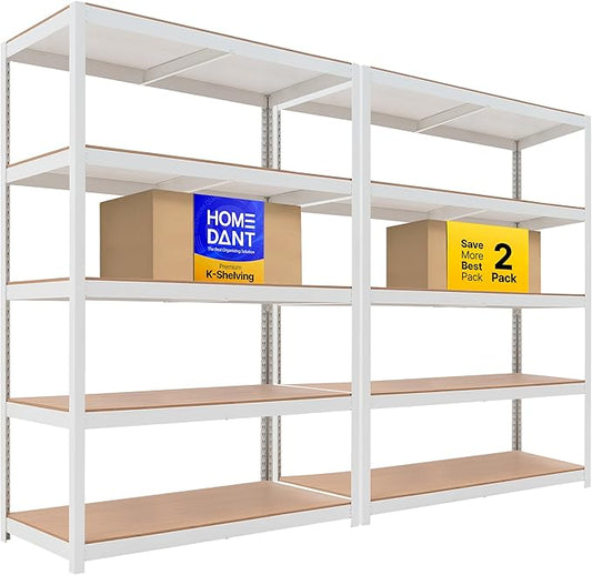 House 48.1" W Deep 5 Tier Heavy Duty Garage Shelving Adjustable Metal Rack Storage Shelves Standing Shelf Unit Organizers Industrial Warehouse Basement White 2Pack