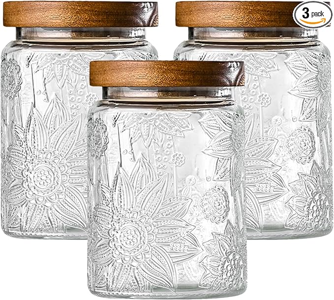 Glass Storage Containers With Lids, Glass Jars With Lids, 24oz, Set Of 3 | Airtight Glass Food Storage Containers, Kitchen Canisters For Sugar, Coffee, Tea, Spice, Flour, Candy, Pasta, Cereal