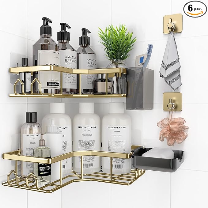 Adhesive Shower Caddy, 6 Pack Corner Bath Organizer, Rustproof Stainless Steel Shower Shelves with Large Capacity, No Drilling Shelves for Bathroom Storage, Home, Kitchen Décor(Gold)