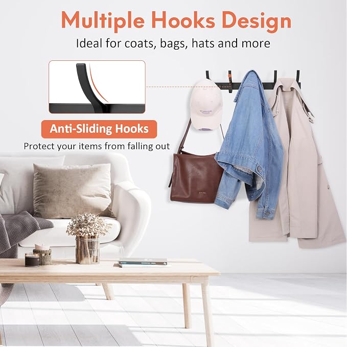 Optish Coat Rack Wall Mount, Coat Hook Wall Mount, Wall Hooks for Hanging, Hat Rack for Walls, Coats Hanger with 10 Hook, Towel Hooks for Bathrooms (1 Pack, Black)