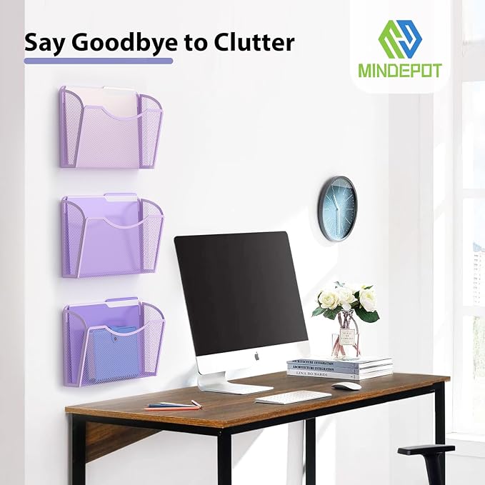 MINDEPOT Wall File Organizer, Hanging Wall File Holder, 3 Pack, Purple | Heavy Duty Iron, Metal Mesh Wall Mount, Single Pocket, Mail Organizer, for Office School Classroom Home, Letter A4 Size
