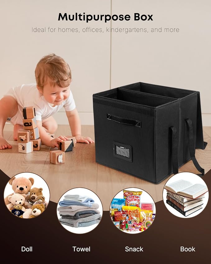 Uniclife 2 Pack Vinyl Record Storage Box with Lid & Handles | Collapsible, Splash-Resistant Album Storage Crate for 80 Single Records (12"), Black, 13" × 13" × 13"