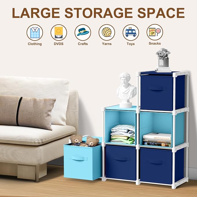 Briwooody 6 Cube Storage Organizer Storage Bins Shelf,Dark Blue,Light Blue