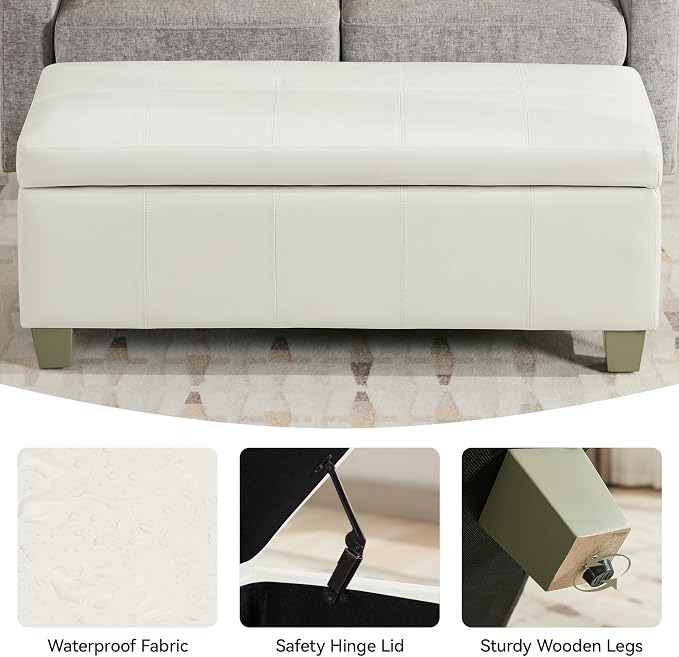 WUTUTUEE 51" Faux Leather Storage Ottoman, Stitch Tufted Rectangle Upholstered End of Bed Storage Bench, Entryway Large Couch Ottoman with Wooden Legs,White