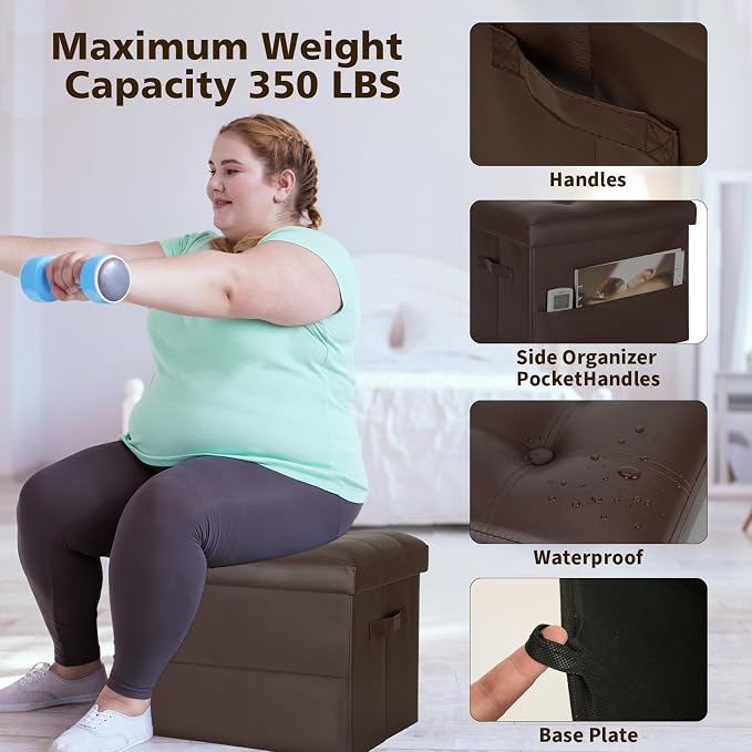 BelugaHelper Storage Ottoman Foot Rest Stool, Foldable Leather Footstool Storage Bench with Thicker Foam Padded Seat. Foot Rest Under Desk for Living Room Bedroom 350 lbs, 17x13x13 in, Brown | Small Ottoman with Storage with Thicker Foam Padded Seat, F...