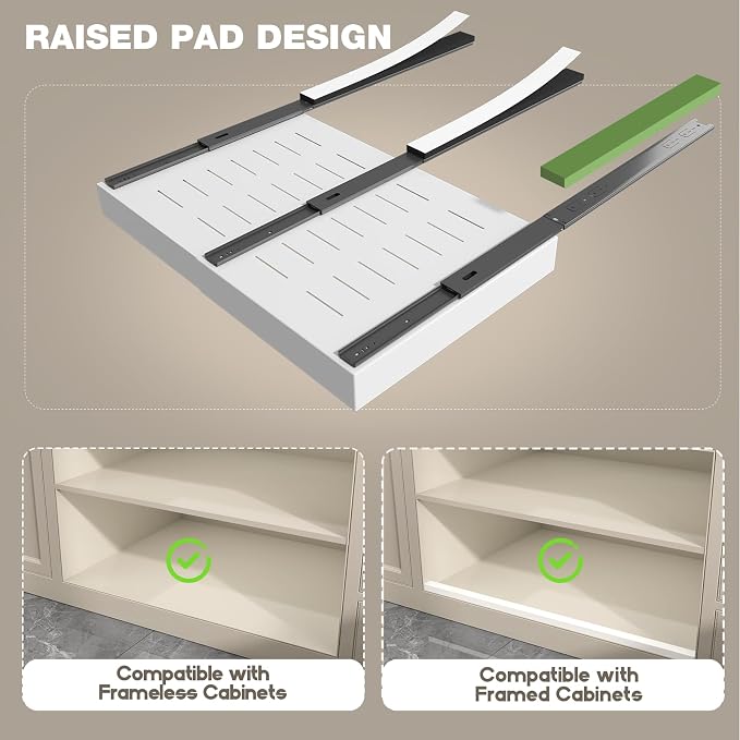 Seinloes 2 Pack Pull Out Cabinet Organizer 19" Deep,Full Extension 3 Slide Rails Slide Out Drawers With Raising Pad for Framed Cabinets,Expandable Width (15.4"-26.2"),No Drill Roll Out shelf,White
