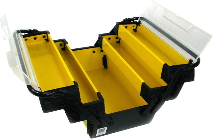 Portable Tool Box - Storage Compartments for Tools, Parts, Crafting Supplies or Tackle by Stalwart - Cantilever Toolbox, 18"L x 11.8"W x 8.25"H, Black/Yellow