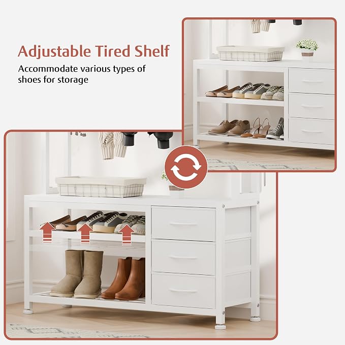 Hall Tree with Bench and 3 Drawers Storage, 31.5" Coat Rack Freestanding | White, 6-in-1, Top Cubby, 12 Coat Hooks, Adjustable Shoe Rack, Sturdy Metal Frame, Entryway Organizer