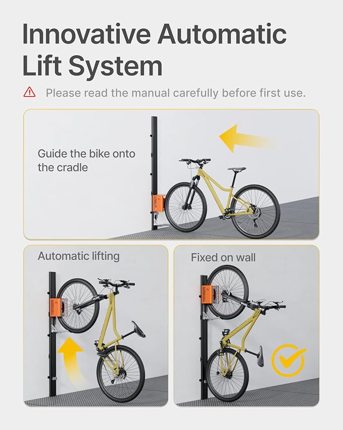 monTEK Automatic Lift Bike Rack Up to 71LBS, BO | Heavy-Duty Vertical Wall Bike Rack,Fits 24-29" Tires,Effortless Lifting,Easy Install,Space-Saving Storage for Garage,Shed
