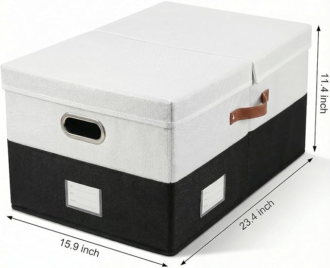 PRANDOM Storage Bins with Lids [3-Pack] Linen Fabric Foldable Storage Boxes Organizer Containers Baskets Cube with Cover for Bedroom Closet Office Grey&Black (23.4X15.9X11.4)