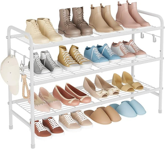 VILICK 3 Tier Shoe Rack 33" Wide Metal Shoe Organizer Long Shoe Storage with 4 Side Hooks Sturdy Shoes Shelf for Front Door Entrance, Closet, Garage, Dorm, White