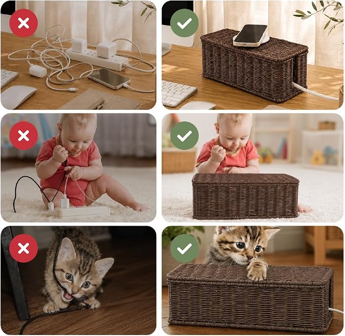 Cable Management Box, Handmade Rattan Cable Organizer with 2 Open Slots, Cord Hider for Power Strip, Router & USB Hub, Registered U.S. Design Patent (D1,112,102), 13" x 5.1" x 5.1", Brown
