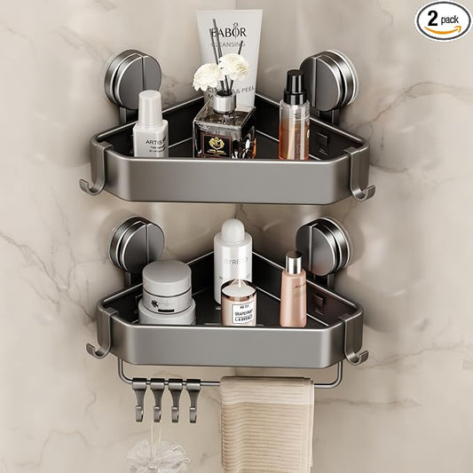 Mustorn Suction Cup Shower Caddy Corner, 2 Pack Suction Corner Shower Shelves No Drilling, Rustproof Shower Organizer Suction Cup with Towel Holder & Hooks Removable Bathroom Storage Rack(Gray)
