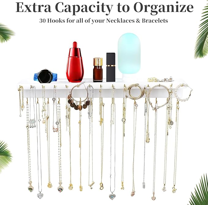 YYILIS Necklace Holder, Upgraded Extra Large Wall Necklace Organizer with 30 Hooks Wall Mounted Necklace Hanger with Jewelry Tray/Cosmetics Shelf Rustic Pine Wood Holder (2 Pack-Double White)