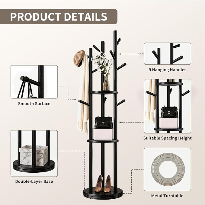 Solid Wood Rotary Coat Rack, Coat Rack Freestanding with 3 Storage Shelves & 9 hooks, Coat Tree for Entryway, Livingroom, Bedroom, Coat Hanger Stand for Coats, Scarves, Handbags, Hat (Black)