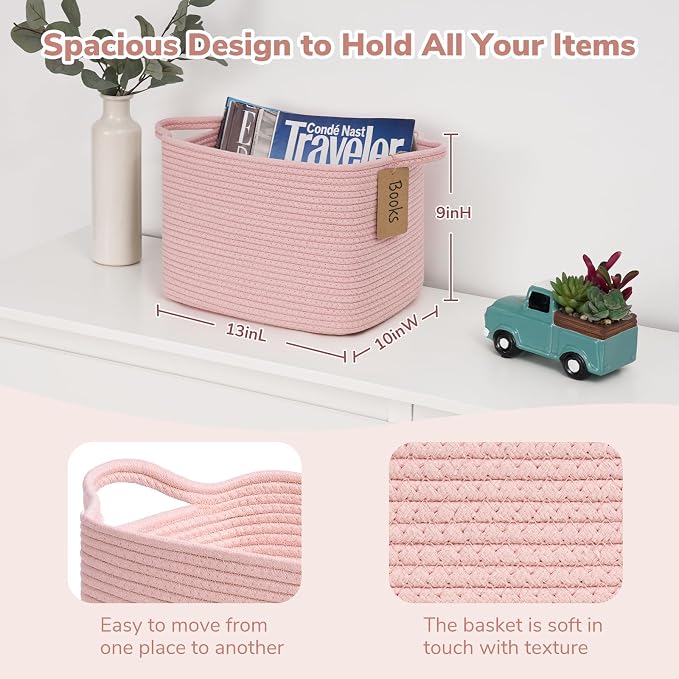 Goodpick Small Woven Storage Basket for Shelves, Cotton Rope, Pink | 13 x 10 x 9 in, Nursery, Bedroom & Bathroom Organization, Toys, Towels, Books & Baby Essentials Storage