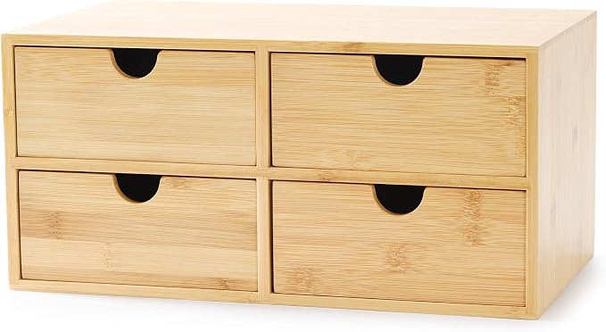 Bamboo Desk Drawer Organizer, Desktop Organizer with Drawers T(4 Drawes) | 4 Drawers Open Top Tray Fully Assembled Stores Pens, Notes, Makeup, Jewelry & Toiletries for Office, Vanity & Bath