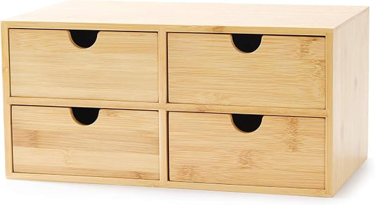 Bamboo Desk Drawer Organizer, Desktop Organizer with Drawers T(4 Drawes) | 4 Drawers Open Top Tray Fully Assembled Stores Pens, Notes, Makeup, Jewelry & Toiletries for Office, Vanity & Bath