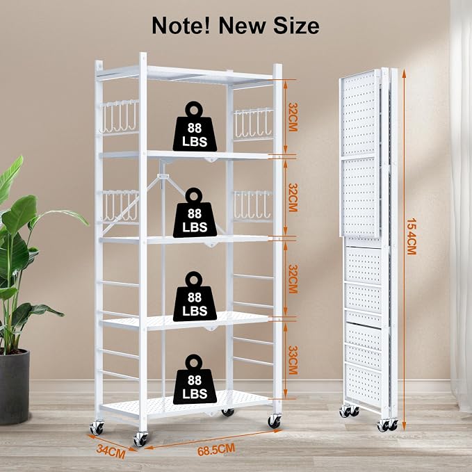 Himix Storage Shelves with 20 Hooks, 5-Tier Foldable Shelves for Storage, Collapsible Organization Rack Bookshelf 440 Ibs for Kitchen Garage Home Room, White - No Assembly
