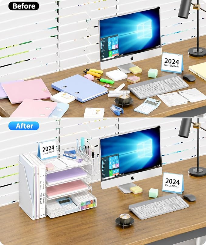 OPNICE Desk Organizer, 4-Tier Desktop File Organizer with Drawer and Pen Holders, Office Desk Accessories, File Sorters, Workspace Organizers for Office Supplies(White - Metal Pen Holder)