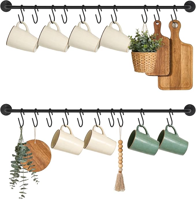 Mkono Wall Mounted Mug Holder, Coffee Cup Hanger Rack with 20 Hooks, 2 Pack | Kitchen Rod, Space Saving, Easy Assembly, Wall & Under Cabinet, Durable Metal, Kitchen Dining Bar Organizer, Multi-Function