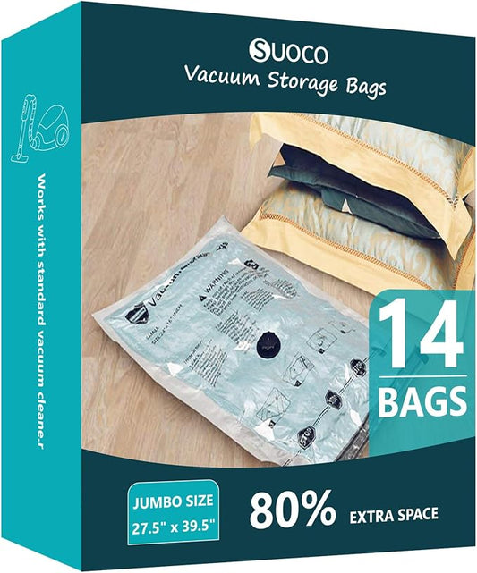 Vacuum Storage Bags, Compression Packing Space Saver Seal Bags for Clothing Bedding Comforters Blankets Pillows, 14 Jumbo