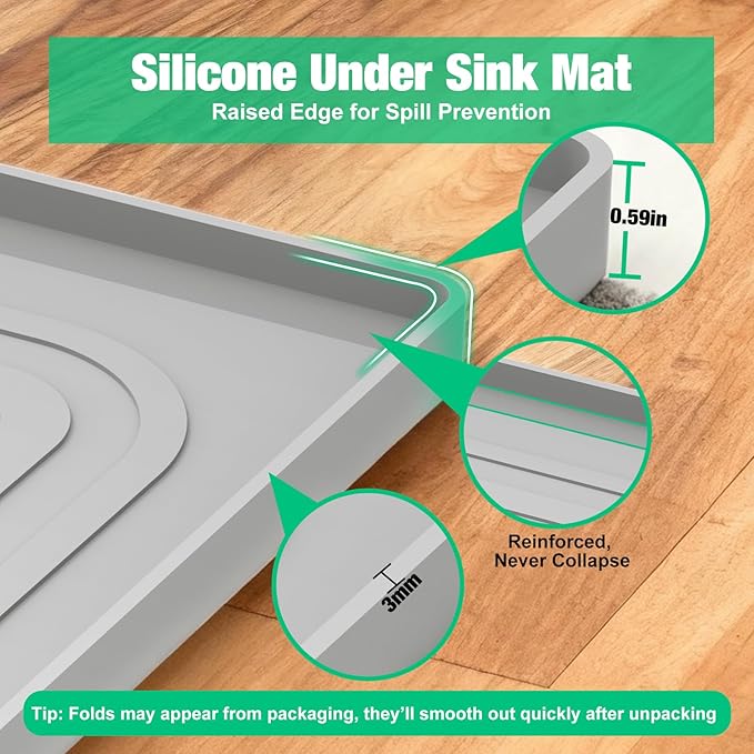 Under Sink Mat 25" X 19", Waterproof Silicone Cabinet Kitchen Liner, Gray | BPA-Free Raised-Edge Cabinet Protector & Leak Tray for Bathroom Cabinets, Boots, Pet Feeding Dog & Cat Mats, Dishwasher Safe