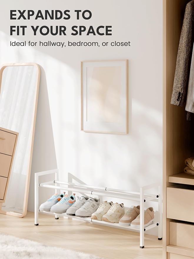 Bumusty 2 Tier Expandable Shoe Rack for Closet, White | 18"-33" Adjustable Shoe Rack for Entryway, Small Shoe Organizer for Dorm, Front Door, Sturdy Metal