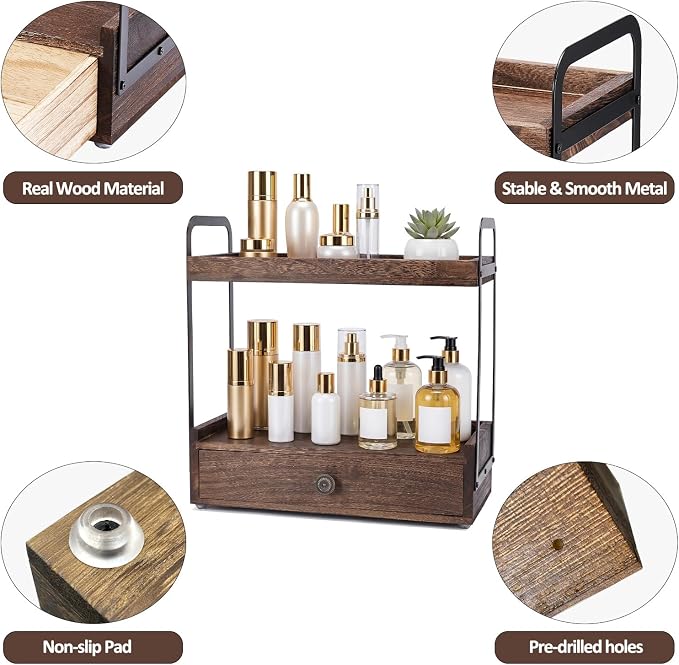 2-Tier Bathroom Counter Organizer with Drawer, Wooden Vanity Countertop Organizer for Makeup Perfume Cosmetics Skincare, Counter Shelf for Bathroom Kitchen Restroom