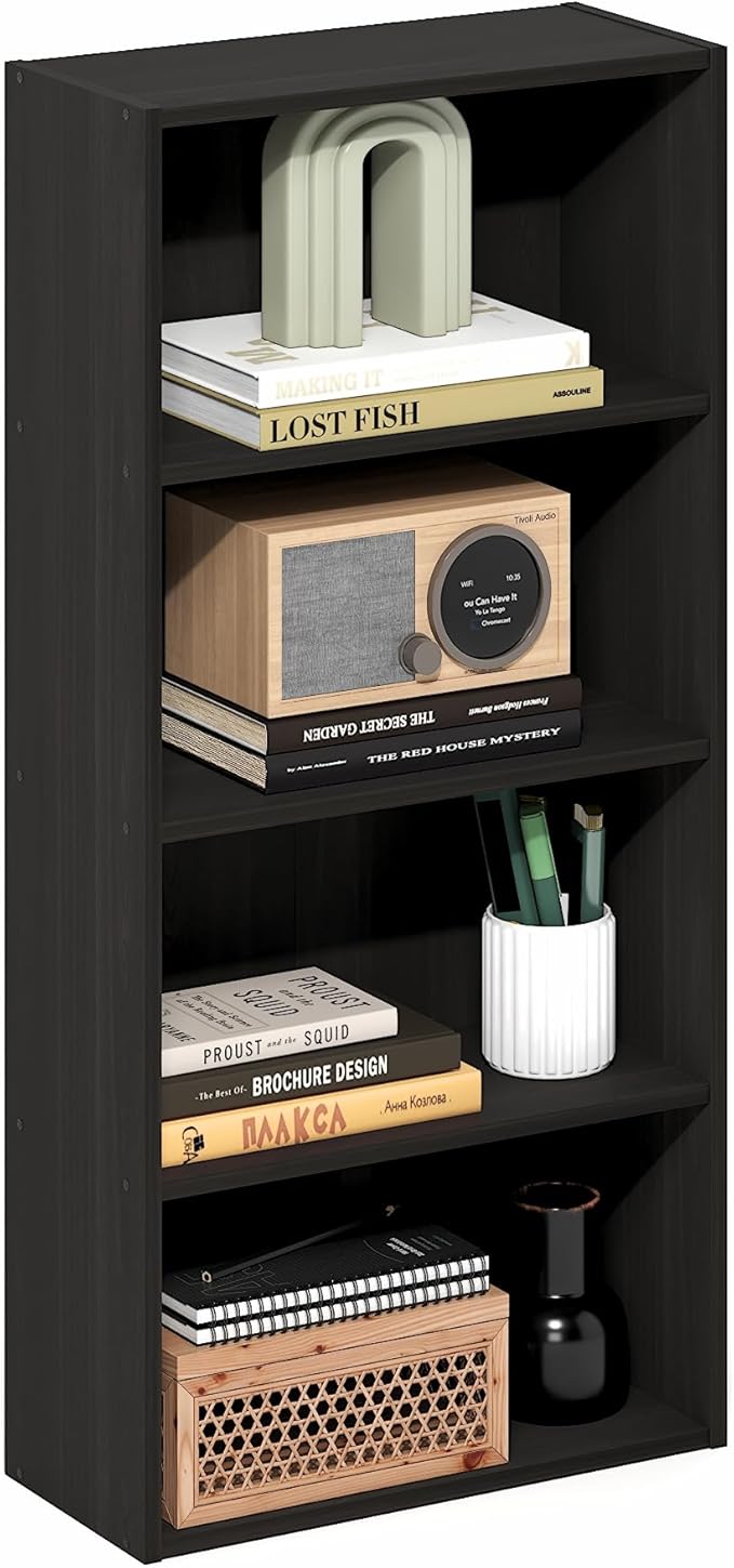 Furinno Basic Book Shelf, 4-Tier Bookcase with Open Shelf, Bookshelf, Cube Storage Organizer, 7 x 17 x 35, for Living Room, Bedroom, Home Office, Espresso