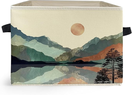 Boho Sun Mountain Forest Storage Box Bins, Mid Century Modern Abstract Boho Collapsible Storage Basket Organizer for Bedroom Laundry Room Home Clothes Books, Decor for Room