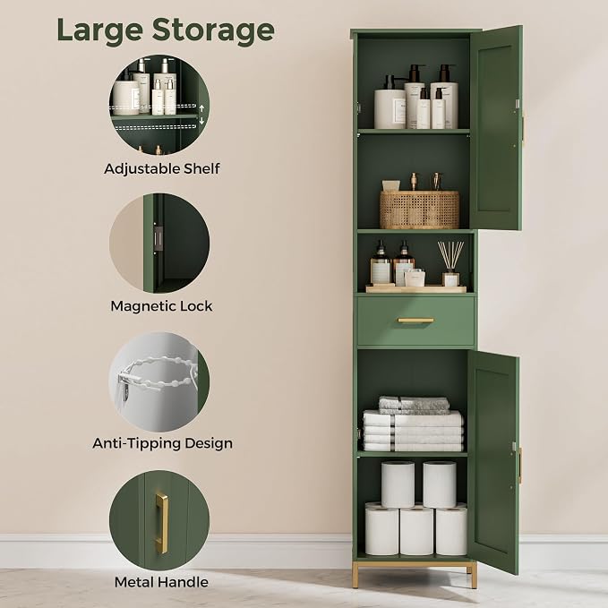 Homhedy 67" H Bathroom Storage Cabinet, Tall Bathroom Cabinet, Green | Narrow Cabinet with Doors and Drawer, Adjustable Shelves, Floor Cabinet for Bathroom, Living Room, Kitchen, Dining Room