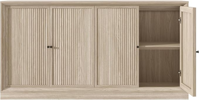 Hlivelood 63” Fluted Sideboard Buffet Cabinet with Storage, Mid Century Modern Wooden Credenza with 4 Doors & Adjustable Shelves, Beveled Edge Storage Cabinet for Kitchen, Living Room (Natural Oak)