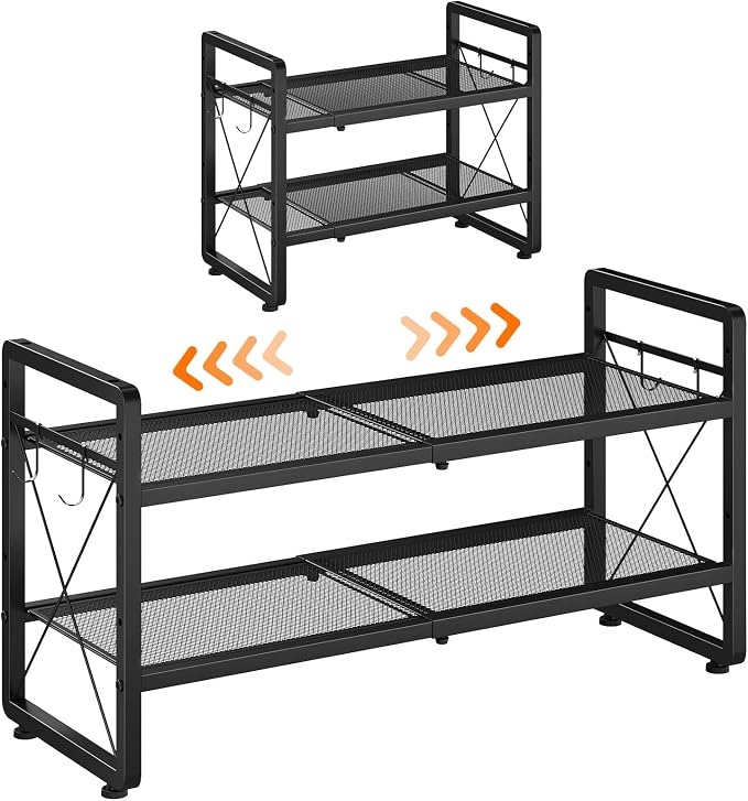 ELYKEN Expandable Shoe Rack for Closet, 2-Tier Metal Black Shoe Organizer | Adjustable Height Shoe Shelf for Boots, Heels, with 4 Hooks, Stackable Shoe Stand Holder for Entryway, Garage, Door Entrance