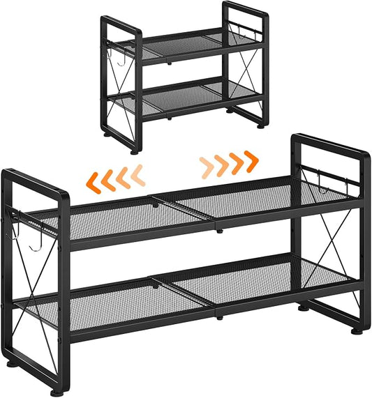 ELYKEN Expandable Shoe Rack for Closet, 2-Tier Metal Black Shoe Organizer | Adjustable Height Shoe Shelf for Boots, Heels, with 4 Hooks, Stackable Shoe Stand Holder for Entryway, Garage, Door Entrance