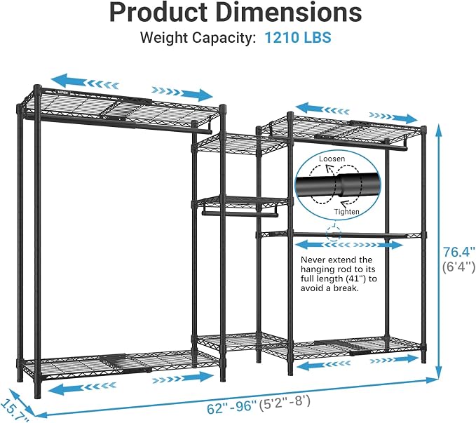 VIPEK Classic V6X Dynamic Closet System, Expandable Garment Rack | Adjustable Width 62"-96" Expandable Freestanding Clothes Rack with Shelves & Hanging Rods for Reach-in Closet