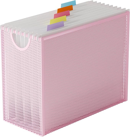 Letter-Size Hanging File Organizer (Pink, with 5 Grey Folders) | File Holder Filing Box for Desk, Metal Mesh Desk File Folder Storage for Office(No Assembly Required)