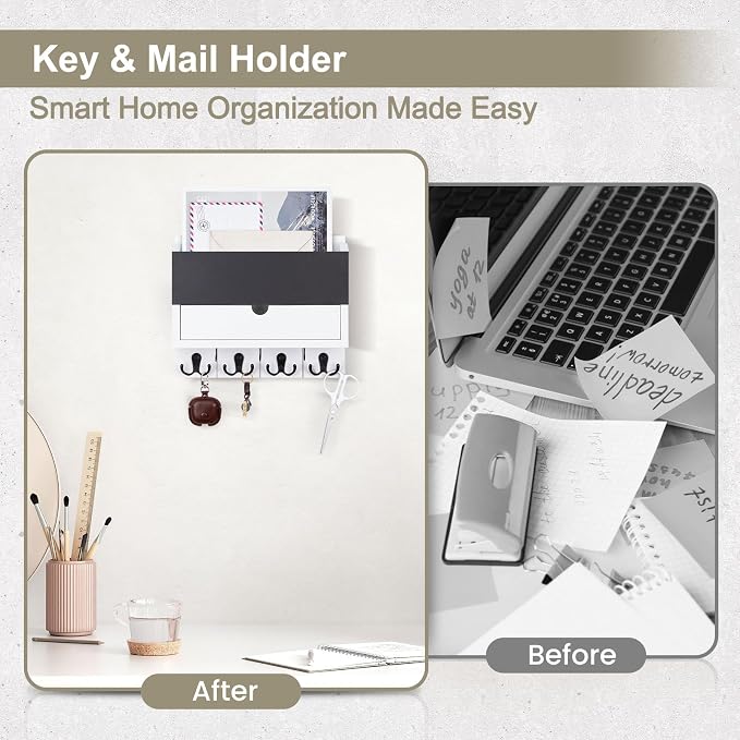 Mail and Key Holder Wall Mount with Storage Drawer & Chalkboard Panel | Modern Wooden Mail Organizer for Wall Entryway, 7 key hooks, Stylish Home Decor for Apartments, Living Room, Office