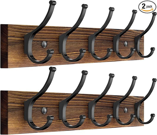 Optish 2 Pack Wooden Coat Rack Wall Mount, 16.1" Rustic Coat Hanger Hooks with 10 Double Hooks, Wall Coat Rack for Hat, Clothes, Bags, Jacket, Brown