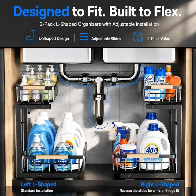 Under Sink Organizer 2 Pack, Double Slide Out Metal Shelf, Black | Pull Out Kitchen Storage Cabinet Organizer, 2-Tier Under Sink Storage Rack for Bathroom Laundry Kitchen Storage with Drawer