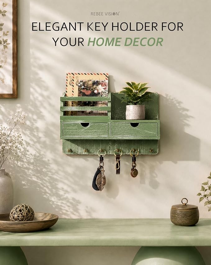 Rebee Vision Key Holder Wall Mount with 2 Drawers for Home Decor, Green | Mail Organizer for Wall, 6 Key Hooks, Drawer Organizer, Letter Storage, Plant Display, Apartment Essentials for Aesthetic