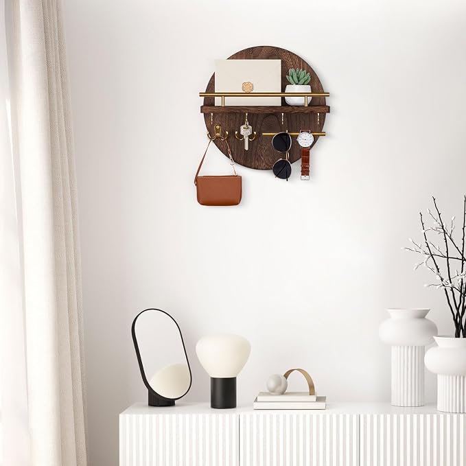 Nekon Key Holder Wall Mount, 11.8 Inch Rack With Shelf and 6 Hooks, Rustic Mail Organizer, Circular Wooden Hanger for Entryway Hallway Kitchen (Brown&Gold)