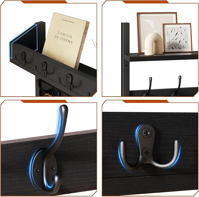 YMYNY 31.5" Coat and Key Rack Wall Mount with Shelf, Black, HWS007B-2 | 4-in-1 Coat and Key Hanger with 12 Metal Hooks, Entryway Wall Shelf with Hooks & Mail Holder for Living Room, Bedroom