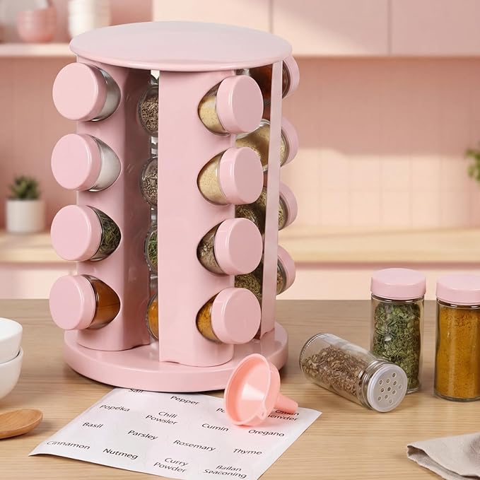 Yungyan Pink Rotating Spice Rack Seasoning Organizer with 16 Empty Jars, Spice Containers Set with Labels and Funnel, Revolving Seasoning Rack for Kitchen Accessories