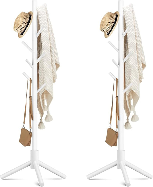Haddockway Wooden Coat Rack Stand with 8 Hooks New Zealand Pine 3 Adjustable Coat Standing Tree Easy Assembly for Coats, Hats, Scarves and Handbags for Entryway, Hallway, Bedroom, Office,2 PCS