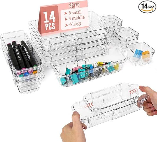 IAMGlobal 14PCS Expandable Drawer Organizer, Clear Drawer Organizers | Acrylic, Transparent, 3-Size, Adjustable, Expanding, for Makeup, Storage, Vanity, Bathroom, Bedroom, Kitchen, Office