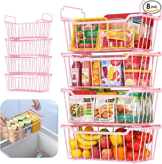 Goovilla Freezer Organizer Bins for 5-7 Cu.FT Chest Freezer, 8 Pack Pink | Foldable Handle Stackable Freezer Baskets, Coated Metal Freezer Storage Bins with Better Space Utilization, Deep Organization