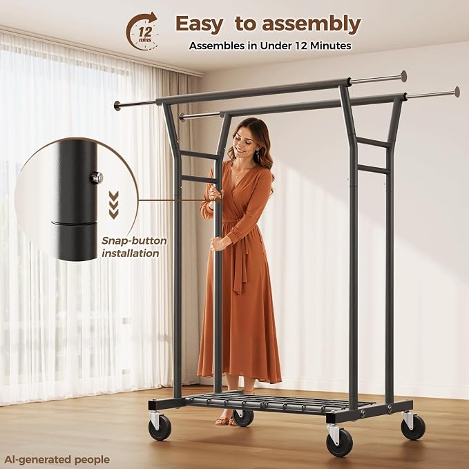 HYSEYY Heavy Duty Clothes Rack, Rolling Clothing Rack for Hanging Clothes with Shelves Load 700LBS,Portable Garment Wardrobe Closet Rack with Wheels for Bedroom,Laundry Room,Retail Store,Black